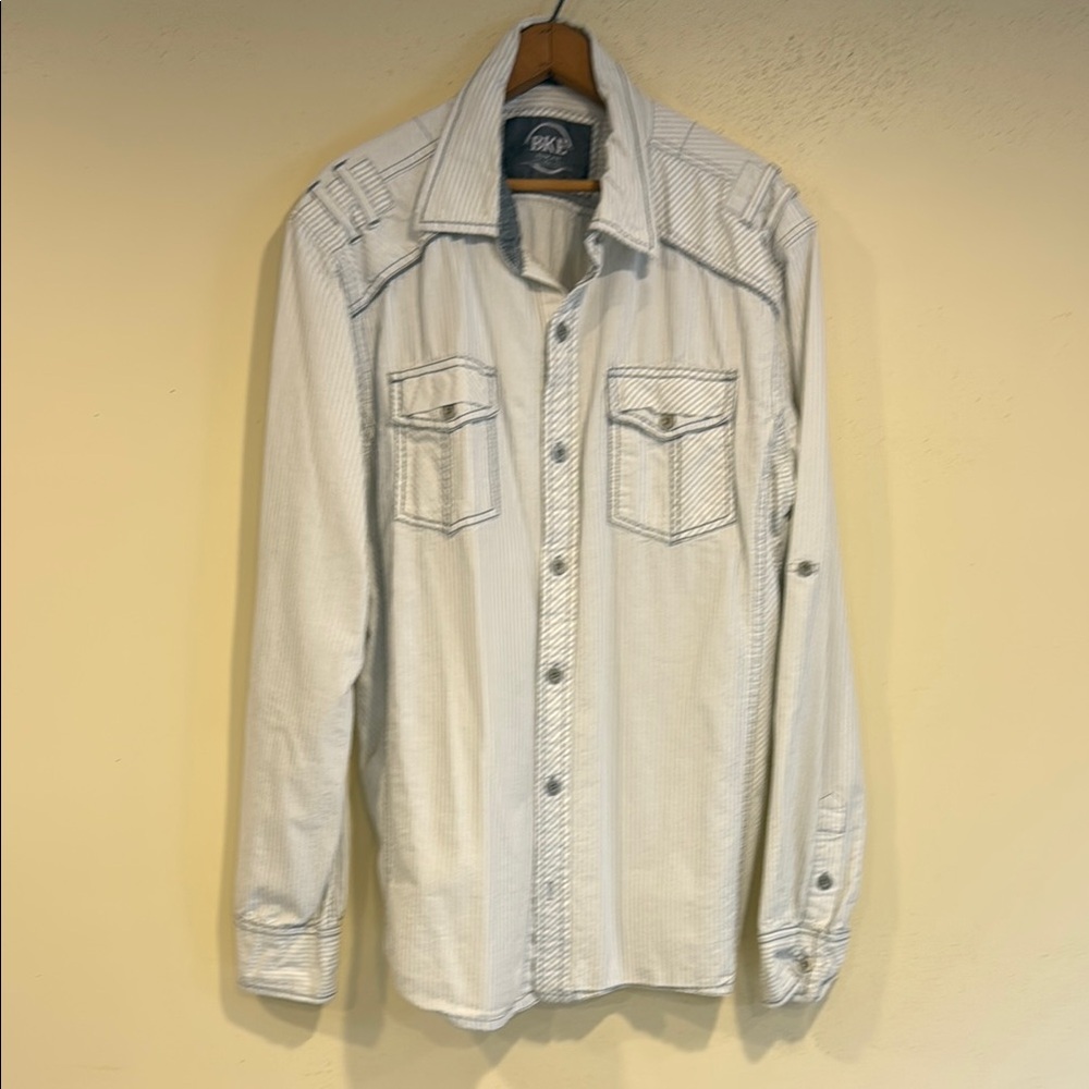 BKE Slim Fit Shirt with Gray and White Stripes